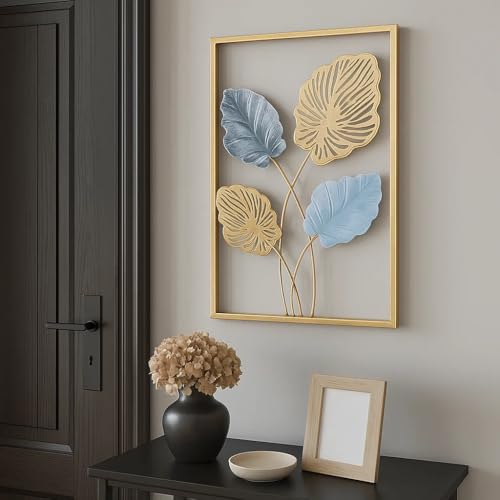 Bohemian 3D Metal Leaf Gold Wall Art Set of 3 | Boho Hallway Wall Hanging Home Decor for Farmhouse Living Room, Office, Bedroom, Indoor, Outdoor | Large Modern Minimalist Gold Metal Wall Sculptures(16x11")