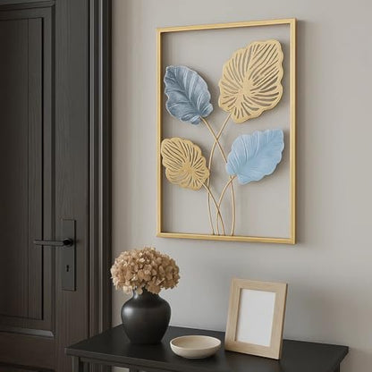 Bohemian 3D Metal Leaf Gold Wall Art Set of 3 | Boho Hallway Wall Hanging Home Decor for Farmhouse Living Room, Office, Bedroom, Indoor, Outdoor | Large Modern Minimalist Gold Metal Wall Sculptures(16x11")