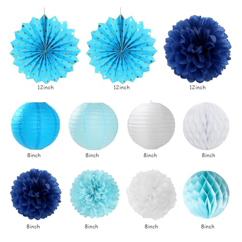 Light-Royal Blue White Birthday Party-decorations - 21pcs Boys Men Ocean Happy Banner,Navy Dusty Paper Streamers Lanterns Honeycomb,tissue Pom Poms Fan,Nautical Adult Garland Supplies Decor Huglony - color: Light-royal Navy-blue White