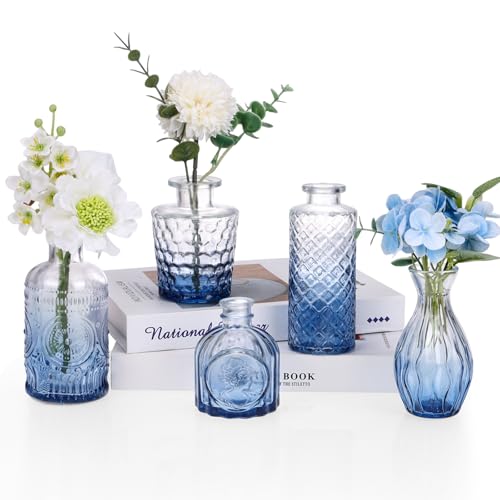 5pcs Blue Glass Bud Vase Set, Small Flower Vases for Centerpieces - color: Blue, size: 5pcs