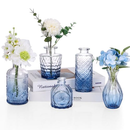 5pcs Blue Glass Bud Vase Set, Small Flower Vases for Centerpieces - color: Blue, size: 5pcs