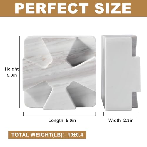 Decorative Square Marble Bookends for Heavy Books – Unique Book Ends for Shelves – Modern Aesthetic Book Holder/Stopper with Non-Slip Pads for Chic Home, Office, or Library Decor, Volakas - style: Square-Volakas