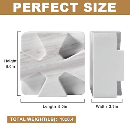 Decorative Square Marble Bookends for Heavy Books – Unique Book Ends for Shelves – Modern Aesthetic Book Holder/Stopper with Non-Slip Pads for Chic Home, Office, or Library Decor, Volakas - style: Square-Volakas