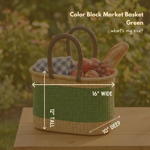 African Market Basket with Leather Handles, Woven Bolga Market Basket, 12"Wide (Green) - color: Green