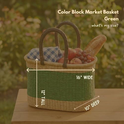 African Market Basket with Leather Handles, Woven Bolga Market Basket, 12"Wide (Green) - color: Green