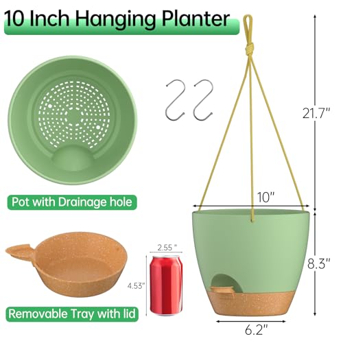 ZMTECH 10 Inch Hanging Planters for Indoor Outdoor Plants, 2 Pack Self Watering Hanging Plant Pots with Drainage Holes and Removable Saucer, Plastic Flower Hanging Pots with Watering Lip (Green) - color: Green, size: 10 Inch