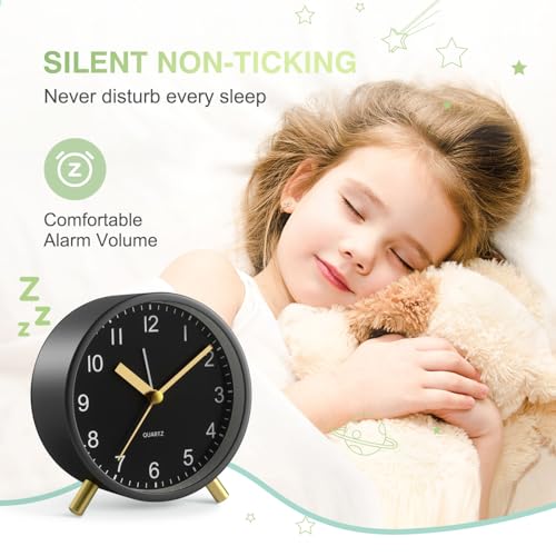 Silent Analog Quartz Kids Alarm Clock, Round Metal, Night Light - color: Black