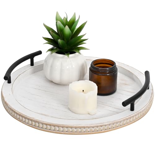 SwallowLiving White Wooden Beaded Serving Tray with Handle Decorative Rustic Whitewashed Tray for Coffee Table Farmhouse Round Tray for Kitchen, Living Room and Bedroom - color: White, size: 13"