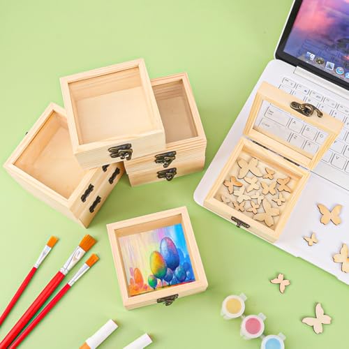 18 Pack Wood Box with Glass Lid, 3.54 x 3.54 x 1.77 inch Wooden Display Box with Hinged Lid for DIY Craft, Collectibles - size: 18 Pack 3.54 x 3.54 x 1.77 inch
