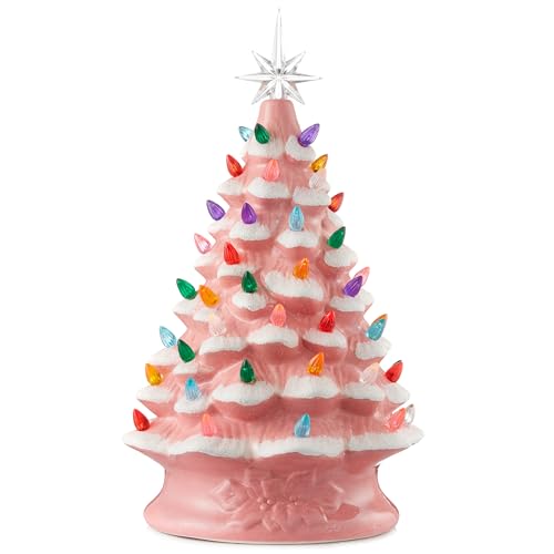 Casafield Hand Painted Ceramic Christmas Tree, Pink Snow Flocked 15-Inch Pre-Lit Tree with 128 Multi Color Lights and 2 Star Toppers - color: Pink Snow Flocked