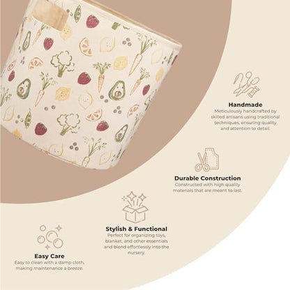 Crane Baby Clementine Canvas Storage Bin, Nursery Hamper and Baby Storage Basket for Toys, Clothes, and Diapers, Toy Baskets, Fabric Nursery Basket, Garden Fruits and Veggies Print, 13" x 12" - size: 13 x 12 Inches, style: Fruits & Veggies