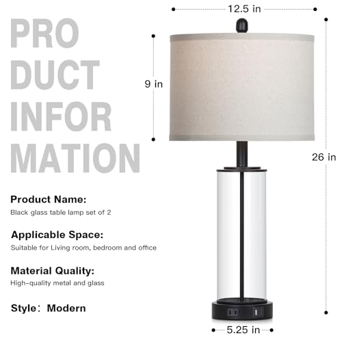 Ruzectt 26" Glass Table Lamp Single, 3-Way Dimmable Touch Control Living Room Lamp with USB C+A Ports & AC Outlet, Modern Bedside Lamps, Bedroom Lamps for Nightstand Side End Table Desk, Black-1PK - color: Black-1PK