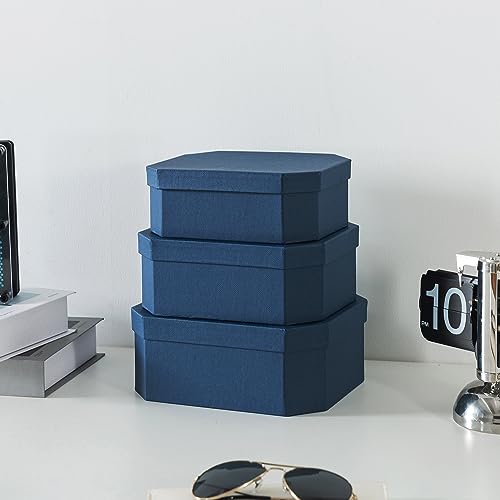 Soul & Lane - Navy Blue Decorative Storage Boxes with Lids, Set of 3 - color: Navy Blue