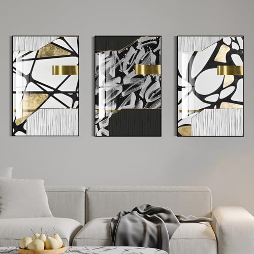 QKF 3Pcs Black White Gold Abstract Geometric Crystal Framed Canvas Wall Art - color: Black White Gold And Gray, size: 20" X 28" X 3 pieces