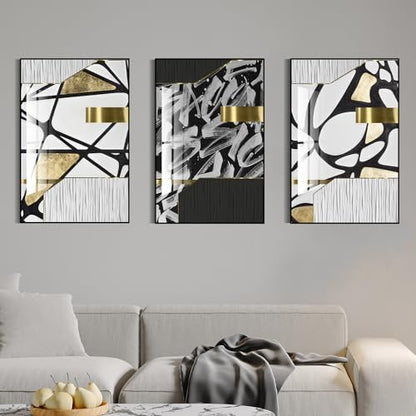 QKF 3Pcs Black White Gold Abstract Geometric Crystal Framed Canvas Wall Art - color: Black White Gold And Gray, size: 20" X 28" X 3 pieces