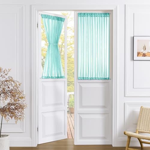 Tollpiz Small Sheer Door Curtain Closet Linen Textured Curtain Sheers Doorway Light Filtering Voile French Door Rod Pocket Curtains Patio Glass Doors, 25 x 40 inches Long, Aqua Blue, 1 Panel - color: Aqua Blue, size: 25"W x 40"L (Pack of 1)
