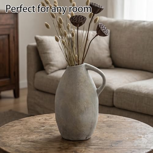 Rustic Ceramic Vase with Handle, 10.3 Inch, Handmade Decor - color: White Gray
