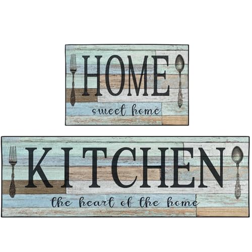 Kitchen Rugs Set of 2 Non Slip WashableVintage Wood Heart - color: Green Wooden