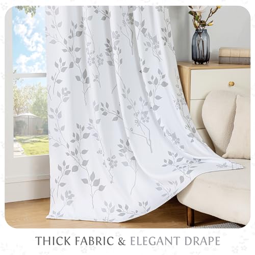 Beauoop Floral 100% Blackout Curtains Bedroom Grey White 52X108 2 Panels - color: Grommet | Grey, size: 52"W x 108"L (Pack of 2)