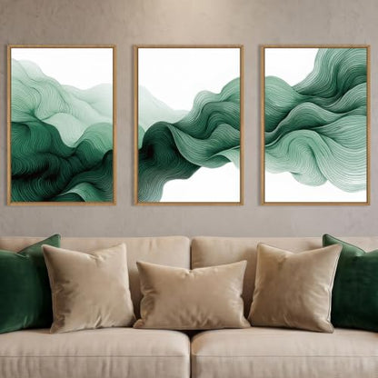 Abstract Emerald Green Waves Framed Canvas Wall Art Set-16"x24"x3 - color: Green Waves Wall Art, size: 16"Lx24"W