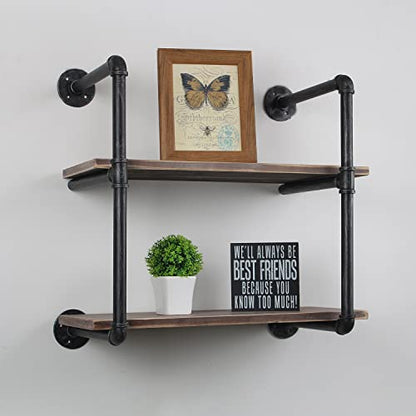 MBQQ Industrial Pipe Shelving Wall Mounted,24in Rustic Metal Floating Shelves,Steampunk Real Wood Book Shelves,Wall Shelf Unit Bookshelf Hanging Wall Shelves,Farmhouse Kitchen Bar Shelving(2 Tier) - color: 2-layer, size: 24in