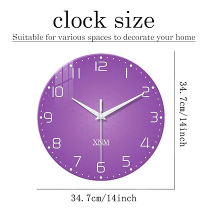 XNM Glass Round Purple Wall Clock for Women 14 Inch - color: Purple, size: 14 Inch