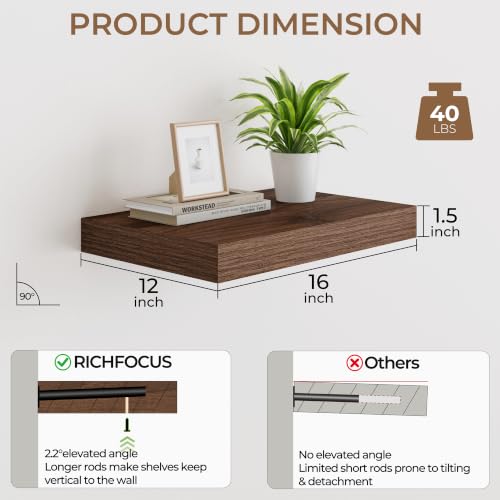 RICHFOCUS Bathroom Floating Shelves for Wall 2Pack|Walnut|16" L - color: Walnut, size: 16"L x 11.6"D, Set of 2