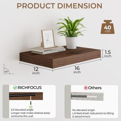 RICHFOCUS Bathroom Floating Shelves for Wall 2Pack|Walnut|16" L - color: Walnut, size: 16"L x 11.6"D, Set of 2