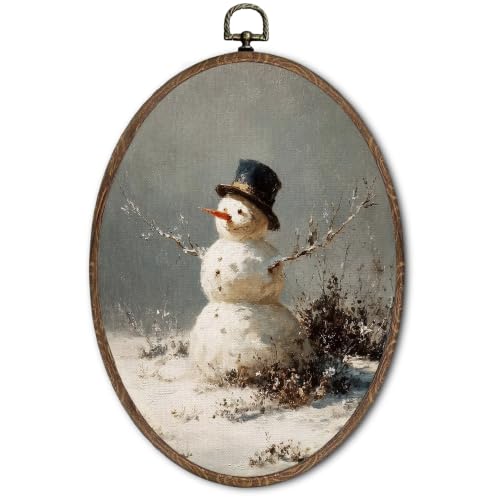 FLAWAFLOMA Rustic Winter Snowman Oval Canvas Wall Art Decor 8.6x11.4 Inch - color: Christmas-28