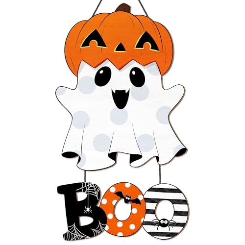 Halloween Ghost BOO Wood Door Hanging Sign Decorations, Cute Ghost Pumpkin Wooden Signs, Large Size Halloween Front Door Hanger Yard Wall Home Decor for Halloween Party Supplies