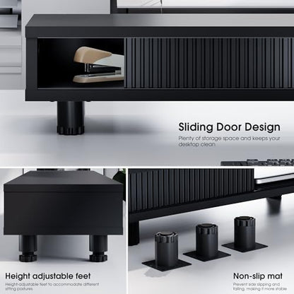 Fenge Dual Monitor Stand with Storage, Desk Shelf with Glass Sliding Door - color: Black