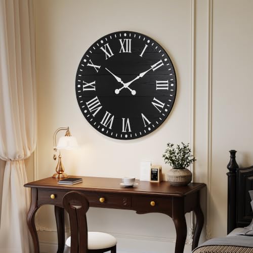 Large Wall Clock with Roman Numeral, 24” Shiplap Farmhouse Clock - color: Black, size: 24 Inch