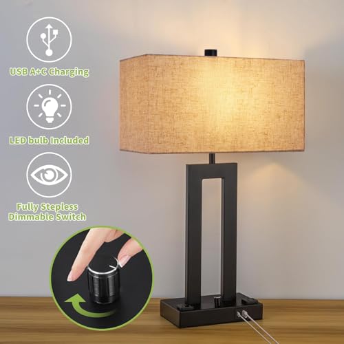 22" Table Lamps for Bedroom, Modern Bedside Lamps with Charging Ports - color: Beige