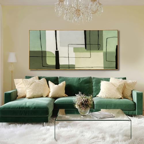 Green Abstract Canvas Wall Art, Modern Geometric Framed Artwork, Extra Wide Horizontal Wall Decor, Large 32×70 Inch Art for Living Room Bedroom Over Sofa - color: Green, size: 70"L x 32"W