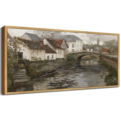 SHENIFY Vintage Framed Wall Art French Town Country Landscape Painting Retro Countryside River Scenery Farmhouse Kitchen Living Room Decor - 8x16in Natural Framed - color: Town, size: 16"L x 8"W