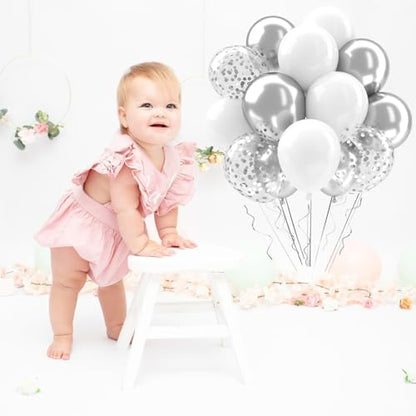 Patimate White and Silver Balloons Set 50 pcs 12 inch - color: White Silver