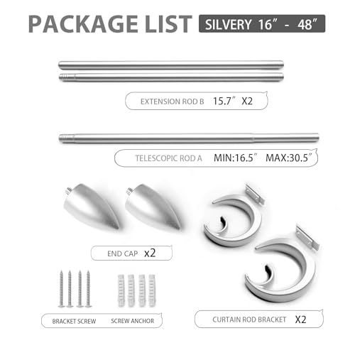 Modern Adjustable Curtain Rod Set 16 to 48 Inches, Sleek Window Rod for Bedroom, Living Room, Silver - color: SILVER, size: 16" to 48"