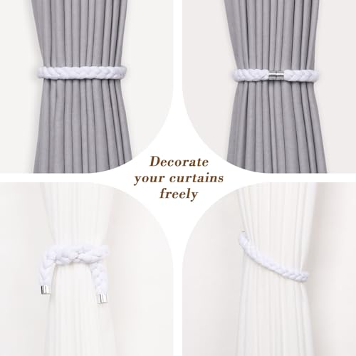 NICEEC 2 Pack Natural Cotton Rope Magnetic Curtain Tiebacks Elegant Twisted Braid Style Drape Tie Backs Soft Hand-Woven Rope Curtain Holdbacks for Home & Office Window Draperies (White-01) - color: White-01, size: 2 Pack