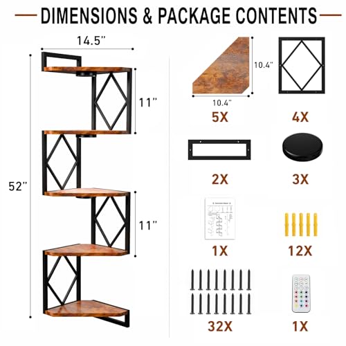 HAAYOT Corner Shelf Wall Mounted: 5-Tier Floating Shelves with Lights for Living Room, Bedroom, Home Office, Rustic Brown