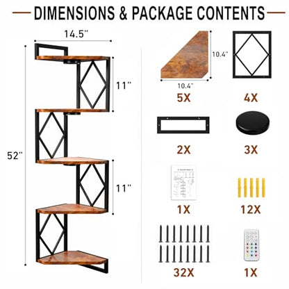 HAAYOT Corner Shelf Wall Mounted: 5-Tier Floating Shelves with Lights for Living Room, Bedroom, Home Office, Rustic Brown