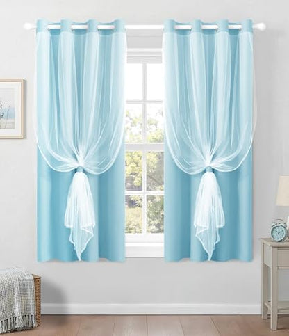 100% Blackout Curtains with Sheer Overlay, Blue, 52 x 63 inch, 2 Panels - color: Light Blue, size: 52"W x 63"L (Pack of 2)