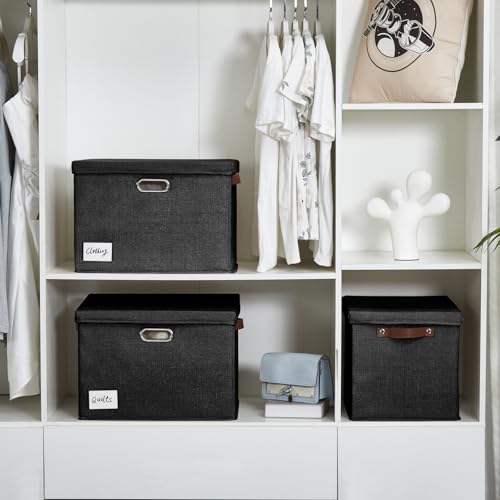 Roobyl 17" Large Fabric Storage Box with Lids, 3-Pack, Black - color: Black, size: Large-17"
