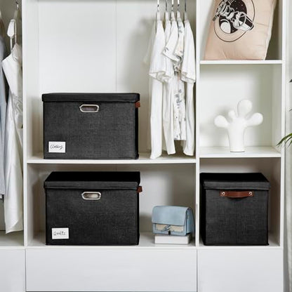 Roobyl 17" Large Fabric Storage Box with Lids, 3-Pack, Black - color: Black, size: Large-17"