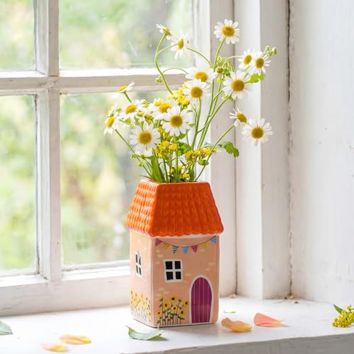 Remerry Mini Ceramic House Shape Vase Decorative Small Bud Vases, Orange - color: Orange