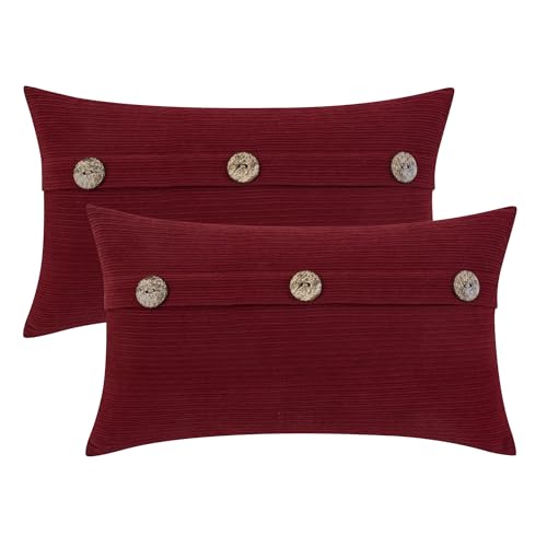 HWY 50 Burgundy Red Chenille Throw Pillow Covers 12x20 Inch Buttons - color: Burgundy Red, size: 20" x 12" (Pack of 2)