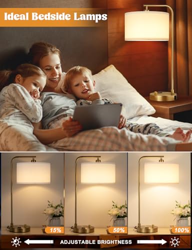 20.7" Gold Table Lamp with USB & Outlet, Fully Dimmable Nightstand Lamp - color: D-White Shade& Gold Base