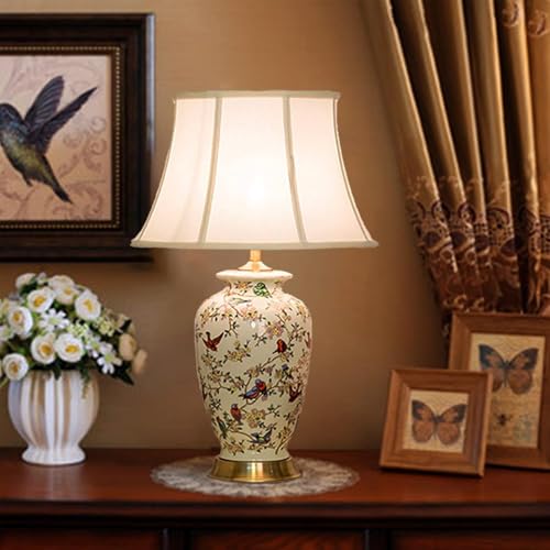 White 27" Flower and Bird Ceramics Table Lamp Chinoiserie Desk Lamp,Fabric Drum Shade,Gold Base, Tall Table Lamp Decor for Living Room Bedroom Bedside Office College Bookcase