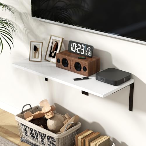 Fun Memories Floating Shelves for Wall, 12 Inch Deep Floating Shelves Set of 2, Wall Mounted Shelf with Metal Brackets, Rustic Wood Wide Shelf for Bathroom, Kitchen and Living Room, White, 16W x 12D - color: White | L Bracket, size: 16"L x 12"D