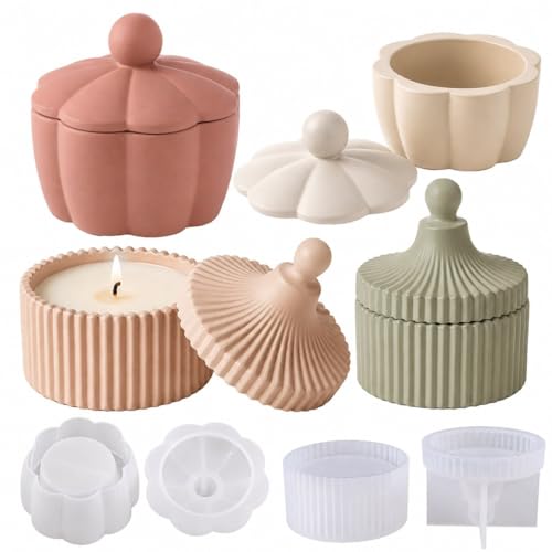 2PCS Silicone Jewelry Box Mold Set with Lids and Wooden Support Rings, Round & Flower Trinket Box Molds for Concrete, Resin, Plaster & Candle Containers