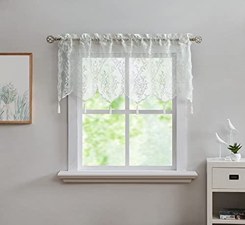 LinenZone 54x22 Ivory Sheer Lace Valance with 6 Tassels. (Luna 54x22,Ivory) - color: Ivory, size: 54"W x 22"L (Pack of 1)